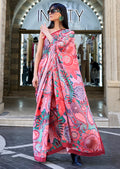 Watermelon Pink Woven Digital Printed Satin Crepe Silk Saree