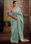 PEARL AQUA BLUE HEAVY EMBROIDERED PURE BROCADE DESIGNER SILK SAREE
