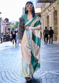 Teal Green Woven Digital Printed Satin Crepe Silk Saree