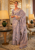 Steel Grey Zari Woven Pure Handloom Linen Silk Saree