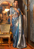 Steel Blue Zari Woven Two Tone Pure Handloom Organza Silk Saree