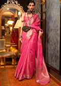 Ruby Pink Zari Woven Two Tone Pure Handloom Organza Silk Saree