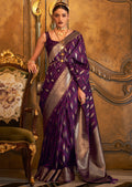 Plum Purple Zari Woven Handloom Pure Banarasi Satin Silk Saree