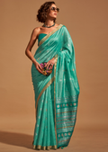 Turquoise Blue Woven Pure Handloom Silk Saree
