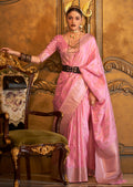 Carnation Pink Zari Woven Handloom Pure Banarasi Satin Silk Saree