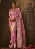 POWDER PINK WOVEN PURE CREPE SILK DESIGNER BANARASI SAREE