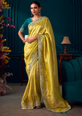 LIME GREEN HEAVY EMBROIDERED BROCADE DESIGNER KANJIVARAM SILK SAREE