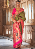 Olive Green Woven Traditional Royal Patola Paithani Silk Saree