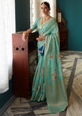 Cyan Blue Zari Woven Printed Handloom Crepe Silk Saree