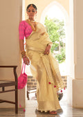 Cream White Zari Woven Handloom Linen Tissue Silk Saree
