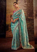 AQUA BLUE PURE TISSUE SILK DESIGNER SAREE
