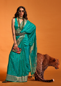 Turquoise Blue Zari Woven Handloom Pure Banarasi Satin Silk Saree