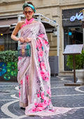 Pastel Lavender Woven Pure Handloom Printed Gajji Silk Saree