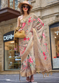 Beige Off White Woven Pure Handloom Printed Gajji Silk Saree