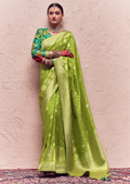 LIME GREEN PURE CREPE SILK DESIGNER KHADDI BANARASI SAREE