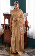 Cream Off White Zari Woven Printed Handloom Crepe Silk Saree