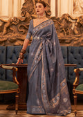 Slate Blue Woven Pure Handloom Tussar Silk Saree
