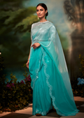 TURQUOISE BLUE PURE TISSUE SILK SWAROVSKI DESIGNER SAREE