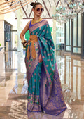 Teal Blue Woven Handloom Banarasi Silk Saree