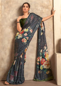 Deep Grey Woven Digital Printed Crepe Silk Saree