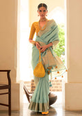 Mint blue Zari Woven Handloom Linen Tissue Silk Saree