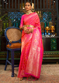 Coral Red & Pink Zari Woven Handloom Pure Banarasi Satin Silk Saree