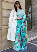 Cyan Blue Woven Digital Printed Satin Crepe Silk Saree