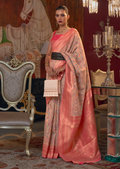 Peach Pink Woven Pure Handloom Kashmiri Jamewar Silk Saree