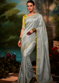 METALIC GREY HEAVY EMBROIDERED DESIGNER BANARASI SILK SAREE