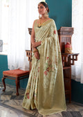 Light Tea Green Zari Woven Printed Handloom Crepe Silk Saree