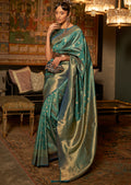 Teal Blue Zari Woven Pure Handloom Kanjivaram Silk Saree