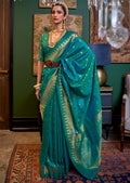 Teal Blue Zari Woven Pure Handloom Banarasi Silk Saree