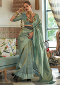 Mint Green Zari Woven Pure Handloom Satin Tissue Silk Saree