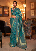TEAL BLUE ZARI WOVEN HANDLOOM BANARASI SILK SAREE