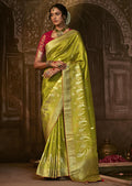 LIME GREEN WOVEN PURE CREPE SILK DESIGNER BANARASI SAREE
