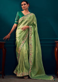 TEA GREEN HEAVY EMBROIDERED BROCADE DESIGNER KANJIVARAM SILK SAREE