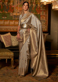 Golden Grey Zari Woven Pure Handloom Kanjivaram Silk Saree