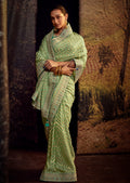 TEA GREEN HEAVY EMBROIDERED DESIGNER SILK SAREE