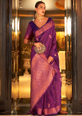 Plum Purple Copper Zari Woven Pure Handloom Banarasi Silk Saree
