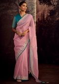 CARNATION PINK WOVEN PURE TISSUE LINEN DESIGNER SAREE