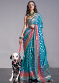 Peacock Blue Zari Woven Pure Handloom Gadwal Banarasi Silk Saree