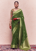 DEEP OLIVE GREEN PURE CREPE SILK DESIGNER KHADDI BANARASI SAREE
