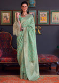 Mint Green Woven Pure Handloom Katan Silk Saree