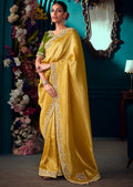 GOLDEN YELLOW HEAVY EMBROIDERED BROCADE DESIGNER KANJIVARAM SILK SAREE