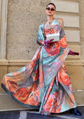 Mint Blue Woven Digital Printed Satin Crepe Silk Saree
