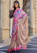 Beige Woven Digital Printed Satin Crepe Silk Saree