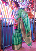 Turquoise Green Woven Pure Handloom Ikat Silk Saree