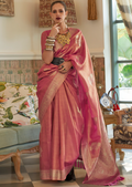 Salmon Pink Zari Woven Pure Handloom Satin Tissue Silk Saree