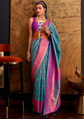 Teal Blue Zari Woven Pure Handloom Kanjivaram Silk Saree