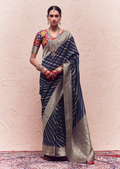 NAVY BLUE PURE CREPE SILK DESIGNER KHADDI BANARASI SAREE